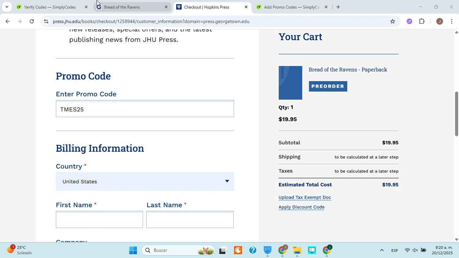 Georgetown University Online promo code screenshot showing code TISS-25 applied at Georgetown University Online checkout page. Uploaded by SimplyCodes community member ABHF23 on Dec 20, 2025