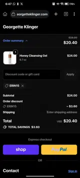 ERIN15 coupon verification screenshot