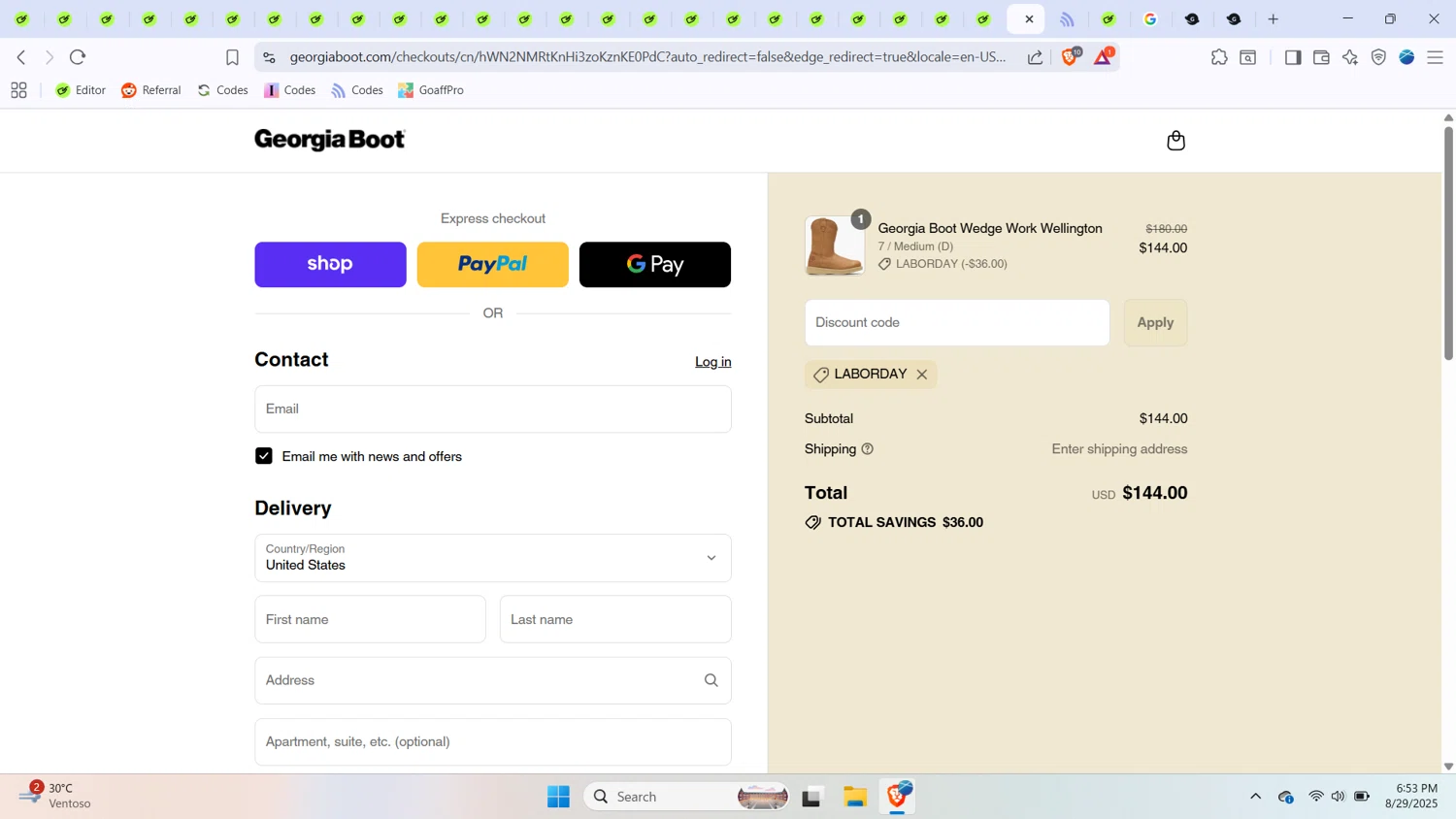 Georgia Boot promo code screenshot showing code LABORDAY applied at Georgia Boot checkout page. Uploaded by SimplyCodes community member BabaYaga on Aug 29, 2025