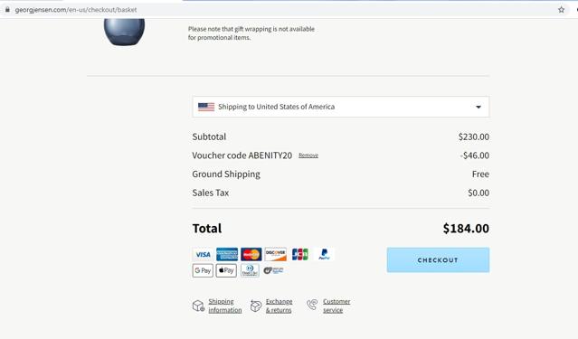 Georg Jensen checkout page showing Georg Jensen promo code box | Screenshot taken by SimplyCodes community member on Mar 4, 2021