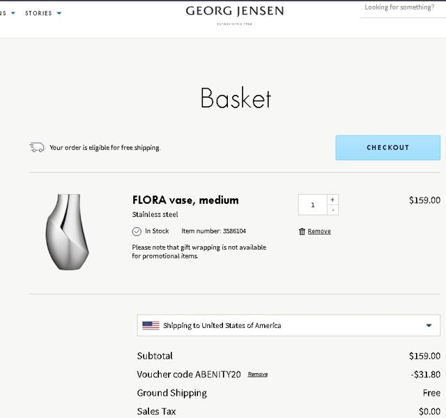 Georg Jensen checkout page showing Georg Jensen promo code box | Screenshot taken by SimplyCodes community member on Mar 4, 2021