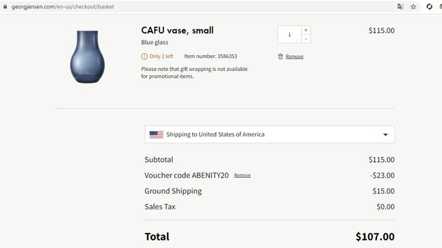Georg Jensen checkout page showing Georg Jensen promo code box | Screenshot taken by SimplyCodes community member on Mar 4, 2021