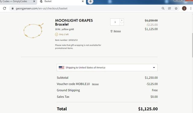 Georg Jensen checkout page showing Georg Jensen promo code box | Screenshot taken by SimplyCodes community member on Jan 10, 2022