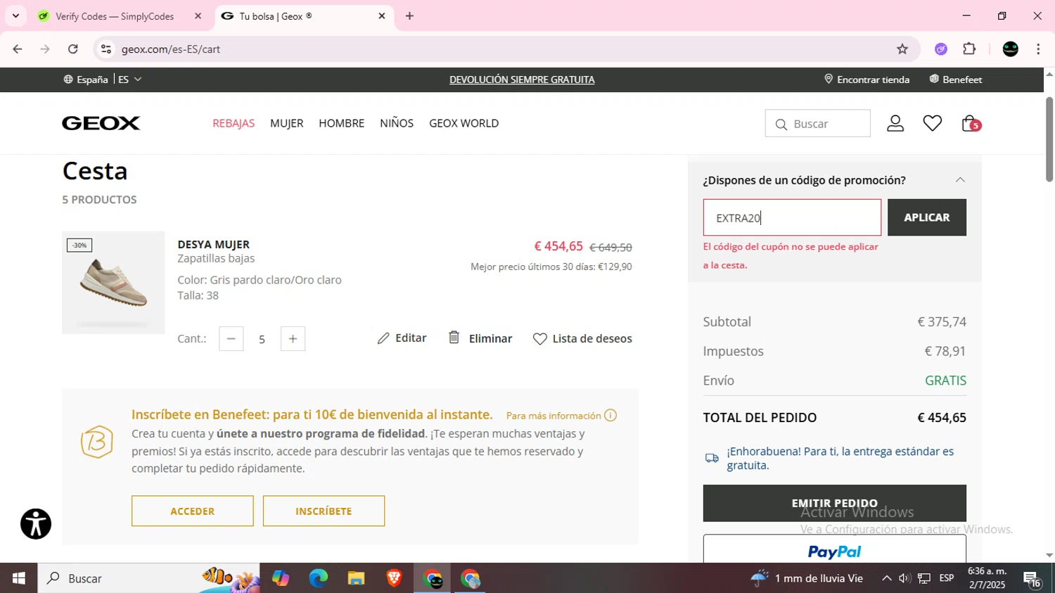 Geox discount code screenshot showing code EXTRA20 applied at Geox checkout page. Uploaded by SimplyCodes community member BargainWizard5755 on Jul 2, 2025