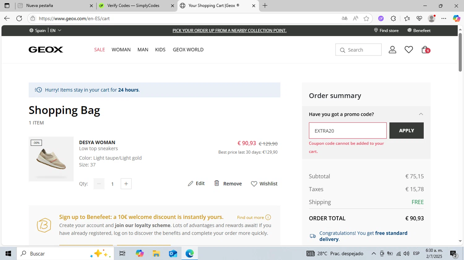 Geox discount code screenshot showing code EXTRA20 applied at Geox checkout page. Uploaded by SimplyCodes community member DiscountCurator2907 on Jul 2, 2025