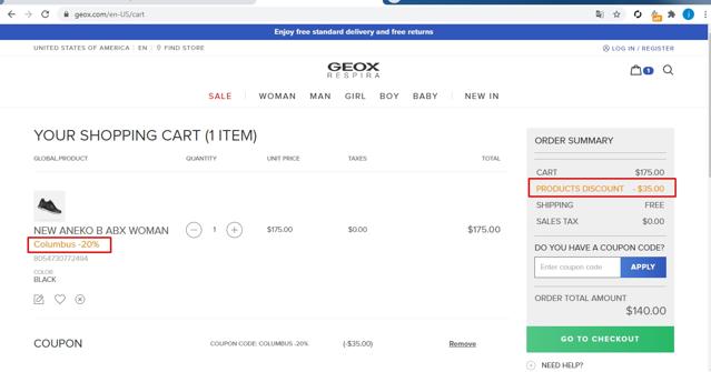 Geox checkout page showing Geox discount code box | Screenshot taken by SimplyCodes community member on Oct 15, 2020