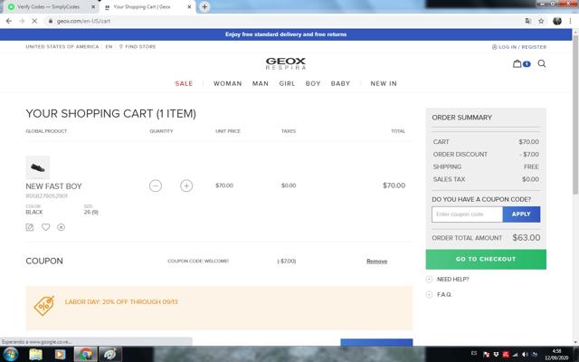 Geox checkout page showing Geox discount code box | Screenshot taken by SimplyCodes community member on Sep 12, 2020