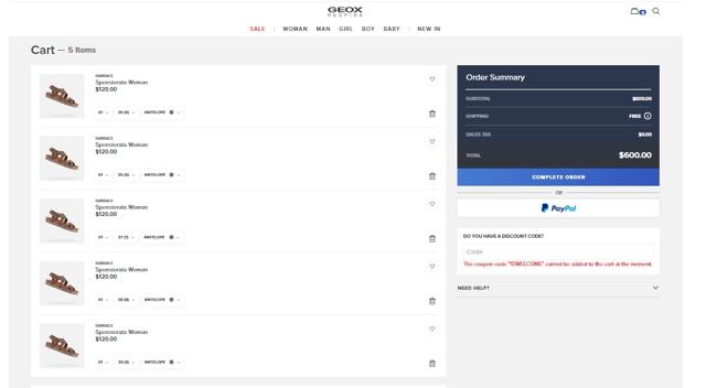 Geox checkout page showing Geox discount code box | Screenshot taken by SimplyCodes community member on Sep 8, 2021