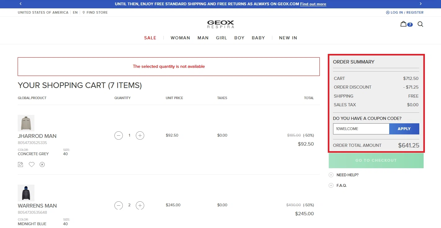 Geox checkout page showing Geox discount code box | Screenshot taken by SimplyCodes community member on Jun 8, 2020