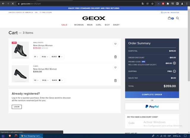 Geox IE checkout page showing Geox IE promo code box | Screenshot taken by SimplyCodes community member on Jan 4, 2022