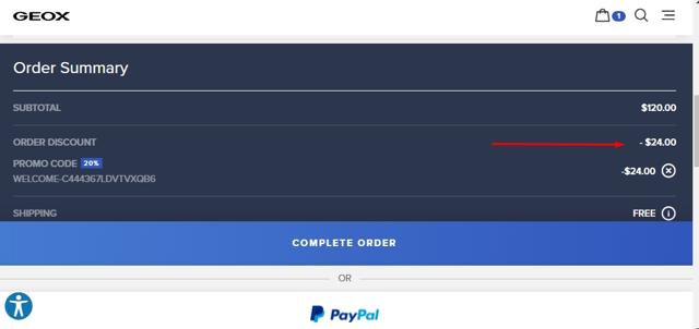 Geox IE checkout page showing Geox IE promo code box | Screenshot taken by SimplyCodes community member on Jan 10, 2022