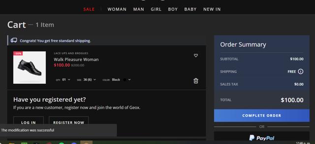 Geox IE checkout page showing Geox IE promo code box | Screenshot taken by SimplyCodes community member on Jan 27, 2024
