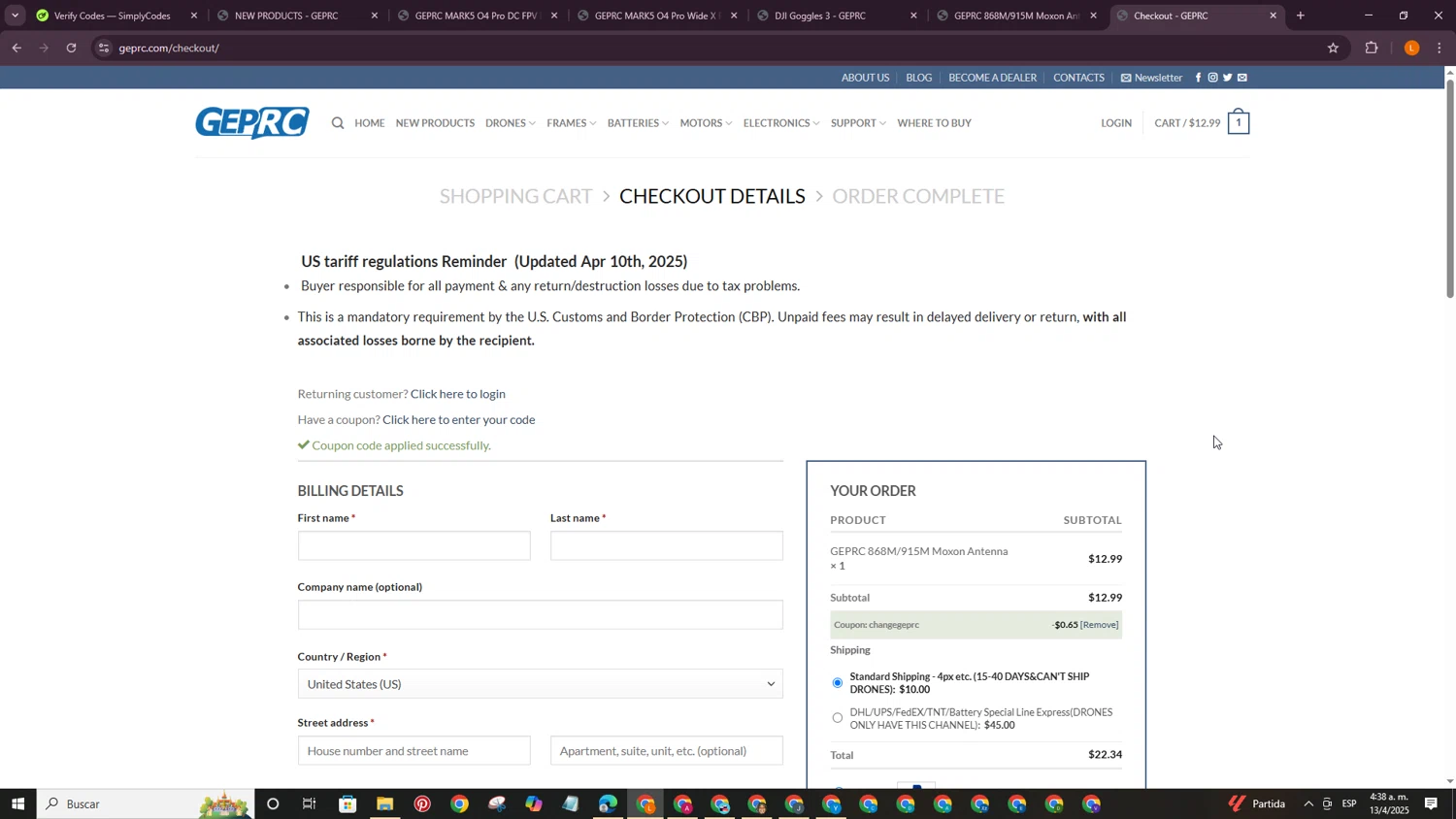 GEPRC discount code screenshot showing code changegeprc applied at GEPRC checkout page. Uploaded by SimplyCodes community member PrimeCaptain3418 on Apr 13, 2025