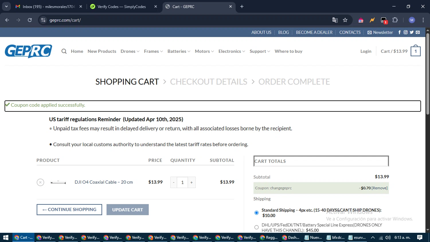 GEPRC discount code screenshot showing code changegeprc applied at GEPRC checkout page. Uploaded by SimplyCodes community member PrimeFox5260 on May 12, 2025
