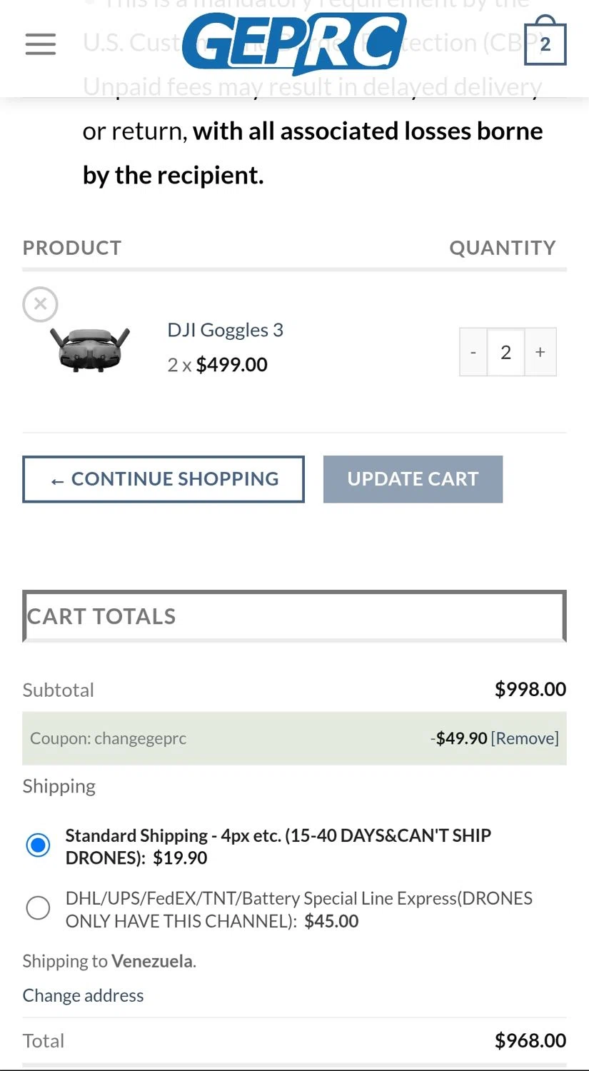 GEPRC discount code screenshot showing code changegeprc applied at GEPRC checkout page. Uploaded by SimplyCodes community member Yuskecoder426913 on Apr 12, 2025