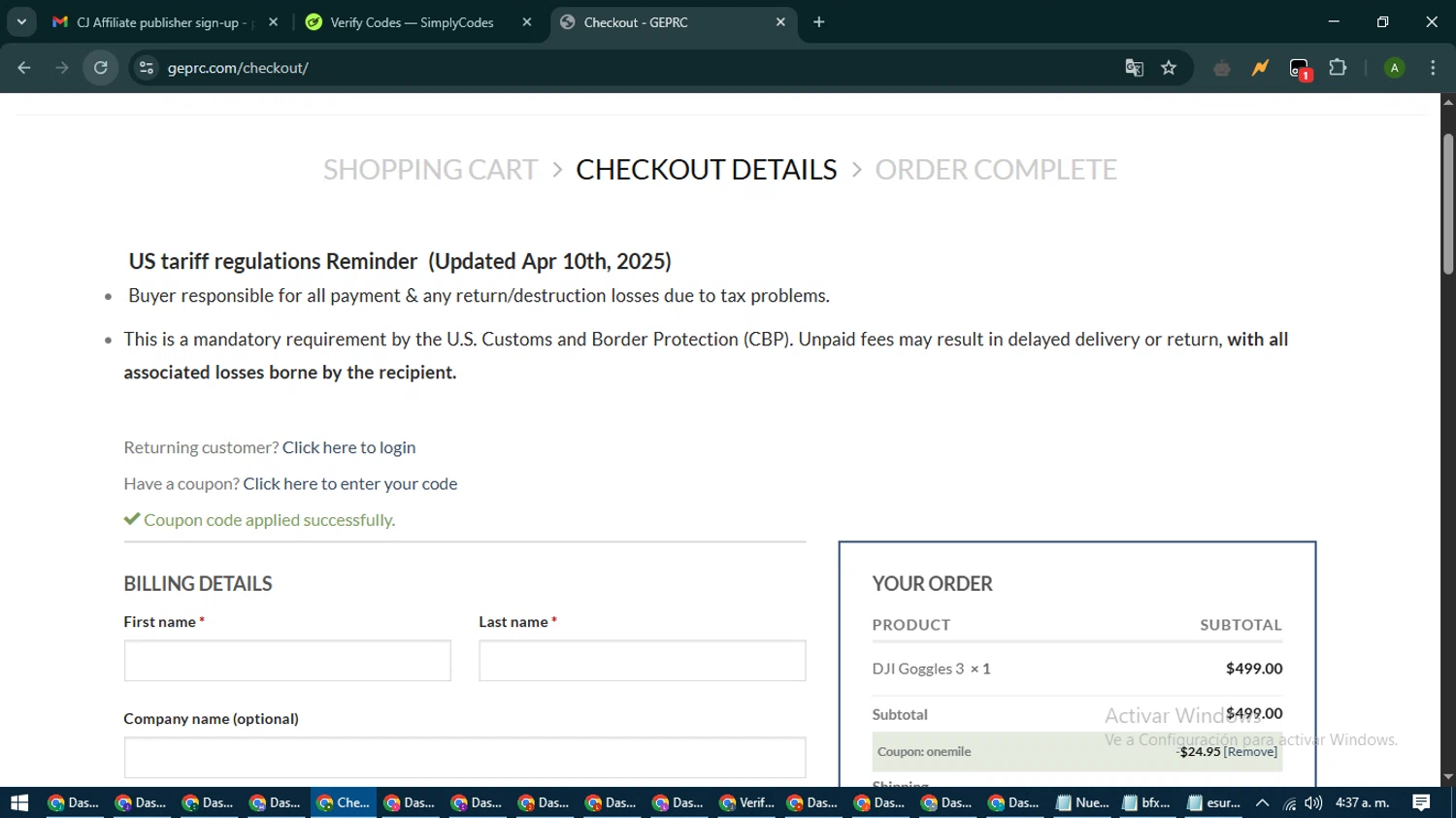 GEPRC discount code screenshot showing code onemile applied at GEPRC checkout page. Uploaded by SimplyCodes community member CashLynx5338 on Apr 13, 2025
