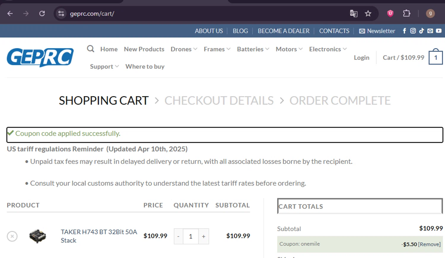 GEPRC discount code screenshot showing code onemile applied at GEPRC checkout page. Uploaded by SimplyCodes community member ThriftySage9769 on Jul 9, 2025