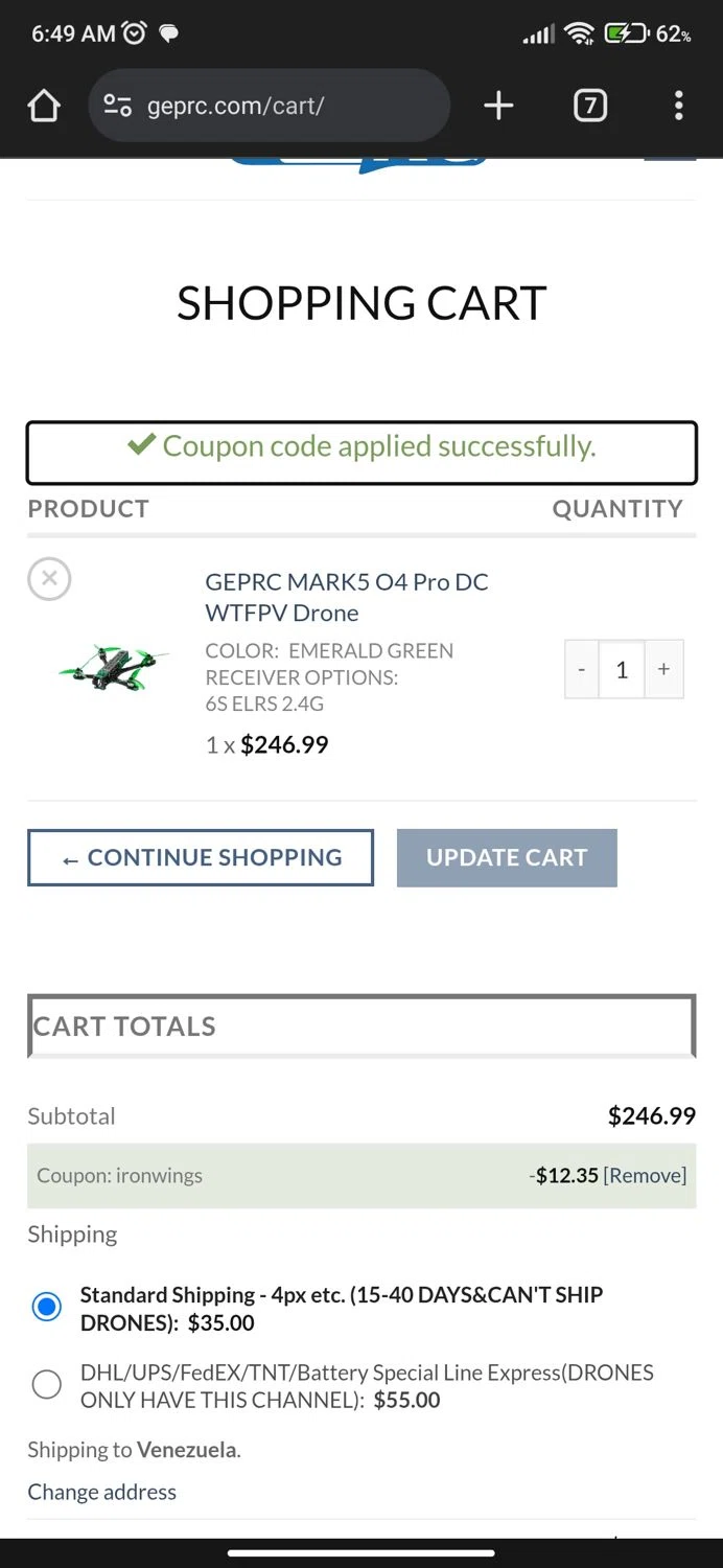 GEPRC discount code screenshot showing code ironwings applied at GEPRC checkout page. Uploaded by SimplyCodes community member Mortek on Mar 16, 2025