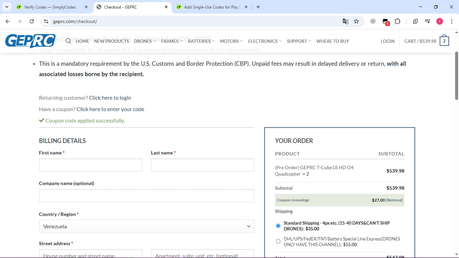 GEPRC discount code screenshot showing code ironwings applied at GEPRC checkout page. Uploaded by SimplyCodes community member Ronny50 on Apr 14, 2025