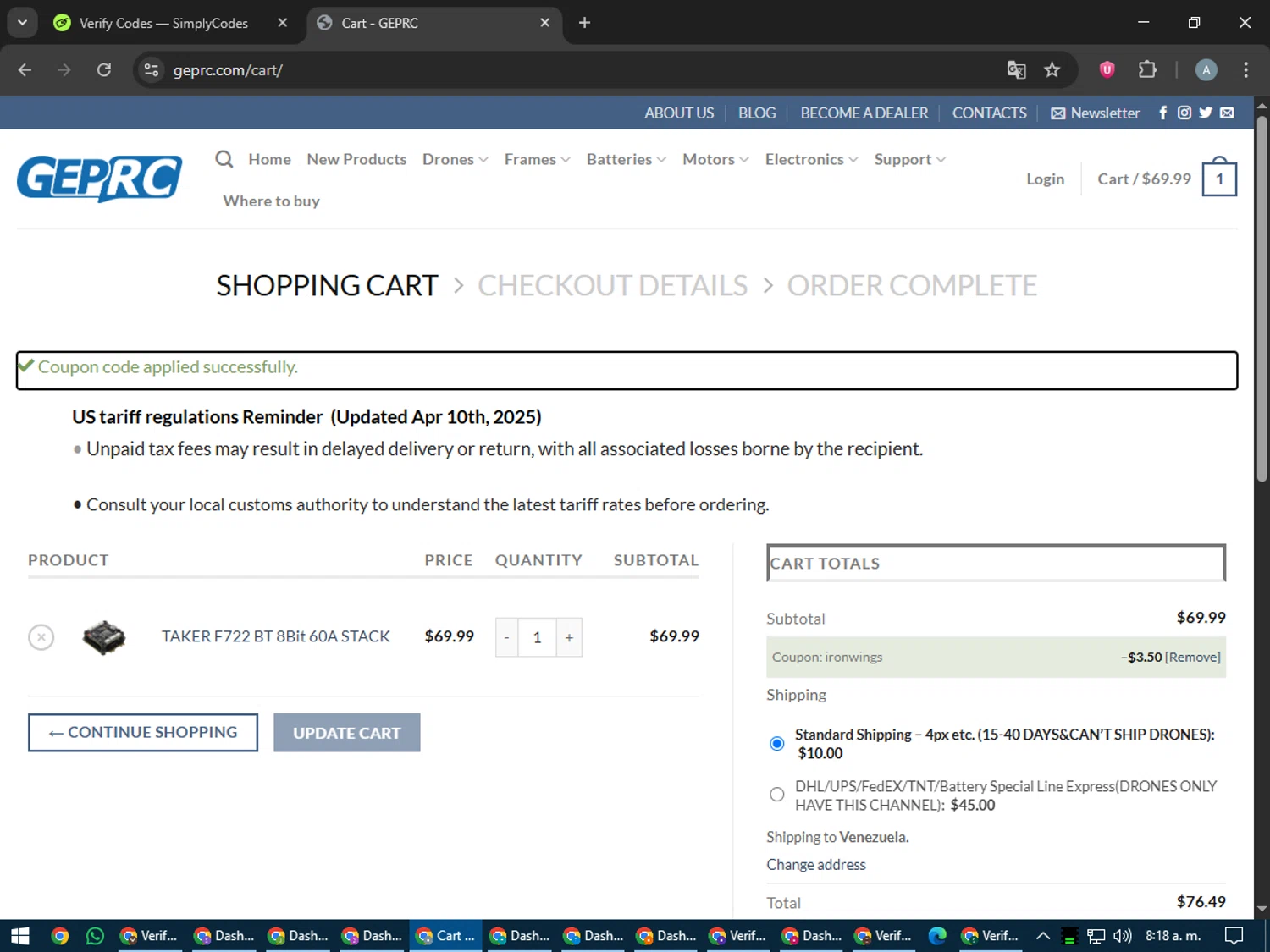 GEPRC discount code screenshot showing code ironwings applied at GEPRC checkout page. Uploaded by SimplyCodes community member trippieredd on Jun 11, 2025