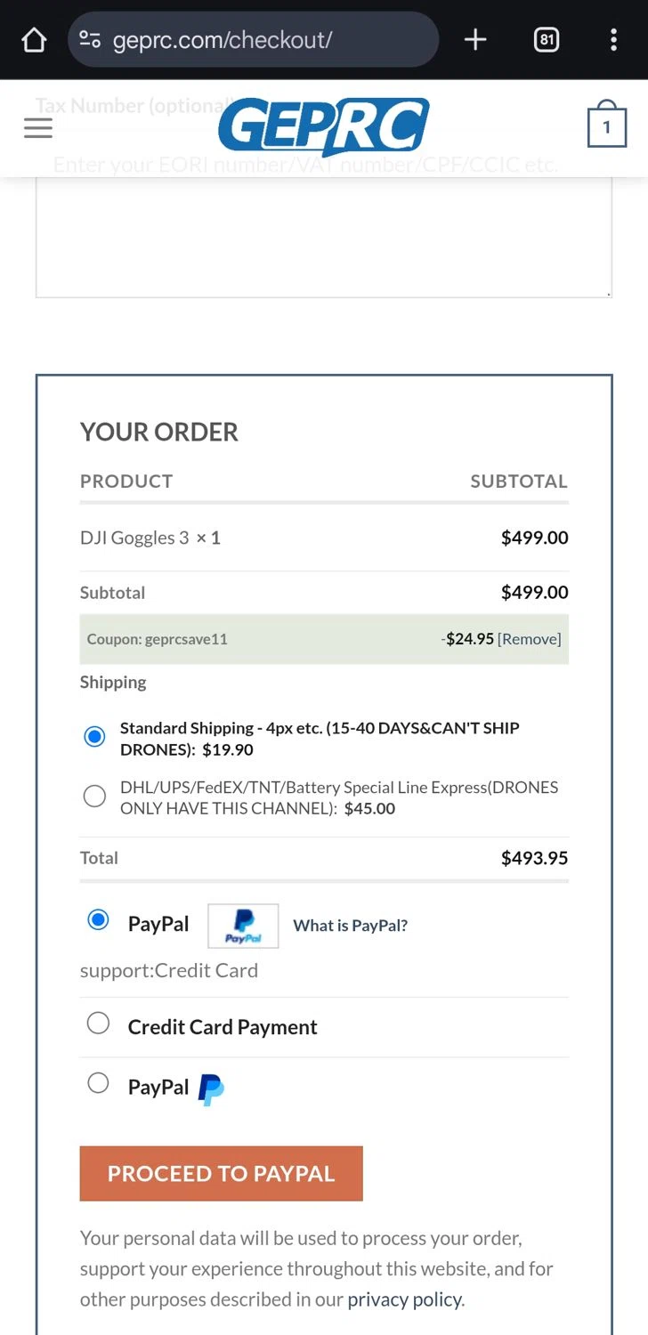 GEPRC discount code screenshot showing code geprcsave11 applied at GEPRC checkout page. Uploaded by SimplyCodes community member KataldoMustafack on May 13, 2025