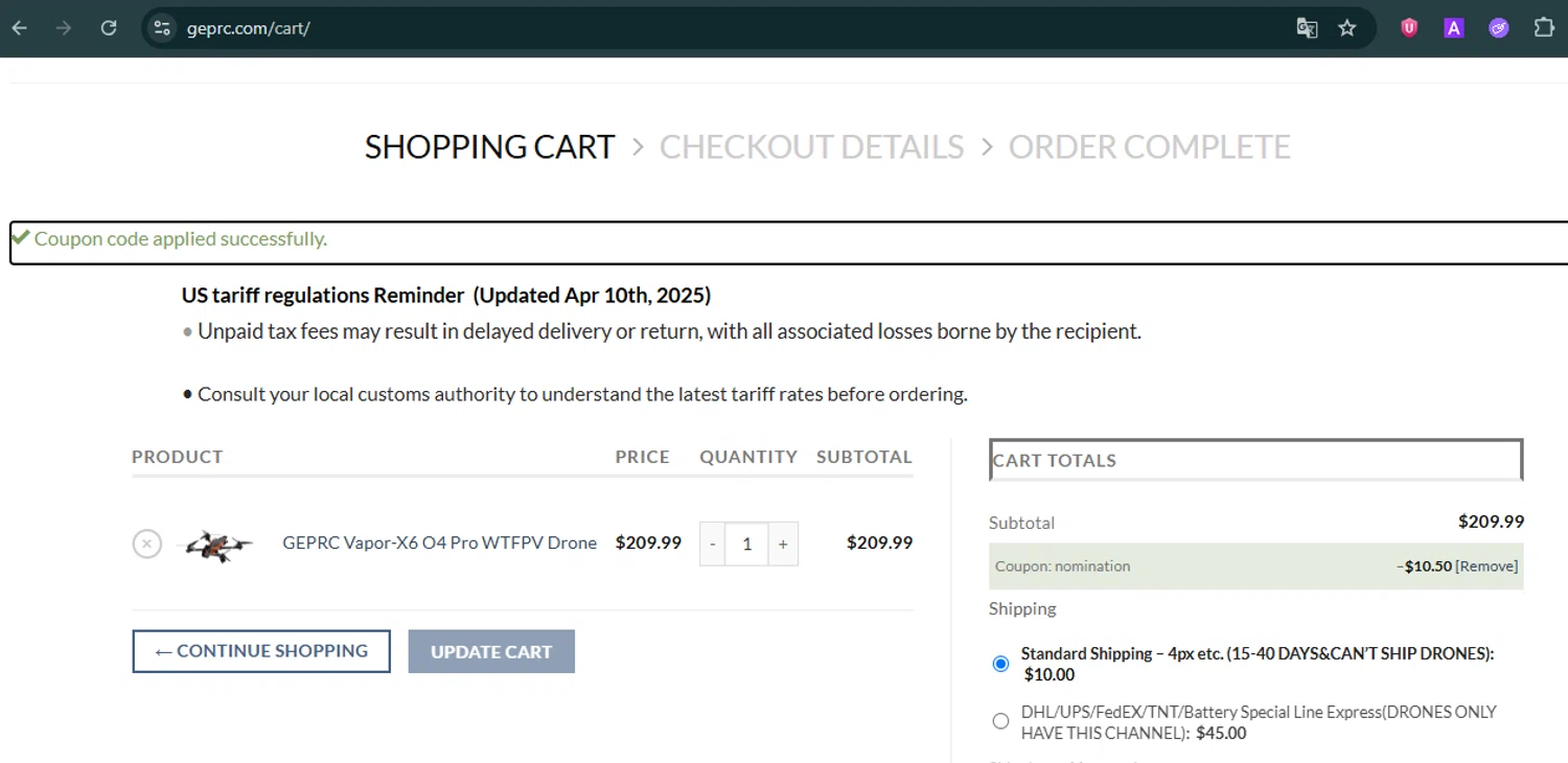 GEPRC discount code screenshot showing code nomination applied at GEPRC checkout page. Uploaded by SimplyCodes community member CleverNavigator9655 on Jun 10, 2025
