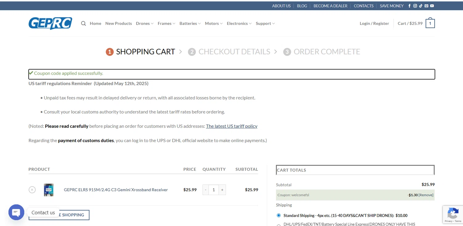 GEPRC promo code screenshot showing code welcomefsl applied at GEPRC checkout page. Uploaded by SimplyCodes community member MagnifiHero3476 on Dec 22, 2025