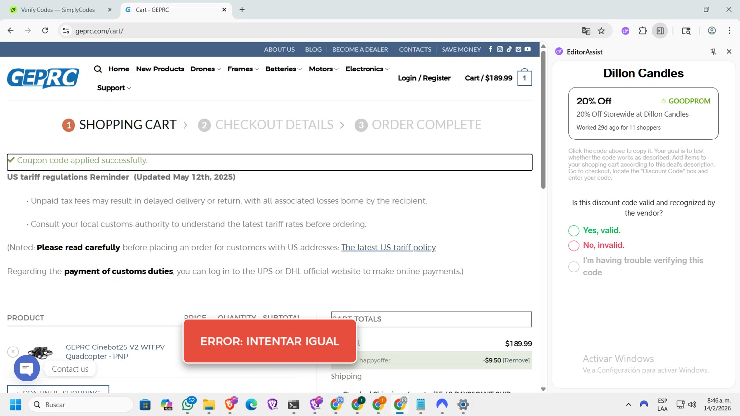 GEPRC checkout page showing GEPRC discount code box | Screenshot taken by SimplyCodes community member on Feb 14, 2026