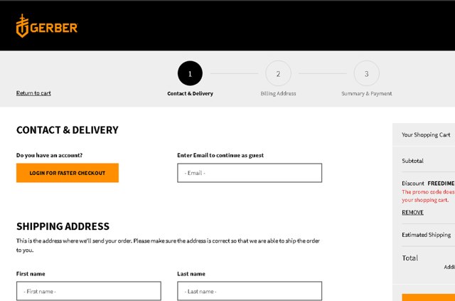 Gerber Gear checkout page showing Gerber Gear promo code box | Screenshot taken by SimplyCodes community member on Jul 17, 2025