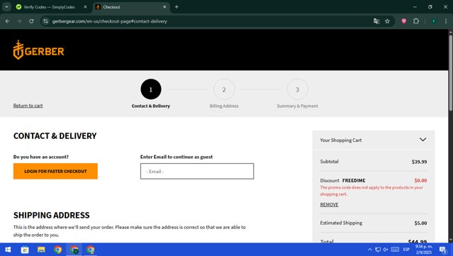 Gerber Gear checkout page showing Gerber Gear promo code box | Screenshot taken by SimplyCodes community member on Sep 3, 2025