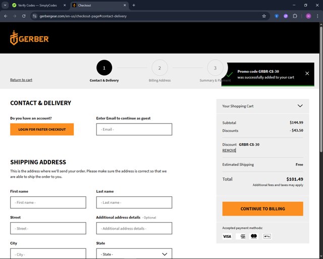 Gerber Gear checkout page showing Gerber Gear promo code box | Screenshot taken by SimplyCodes community member on Jun 26, 2025