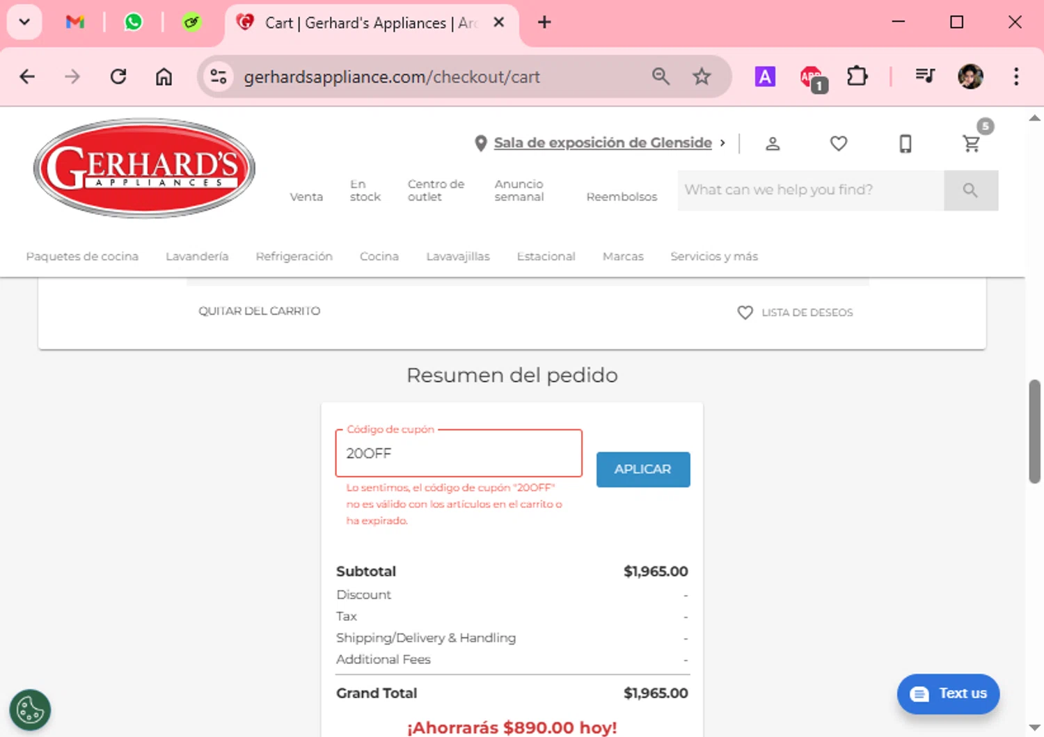 Gerhard's Appliance promo code screenshot showing code 20OFF applied at Gerhard's Appliance checkout page. Uploaded by SimplyCodes community member Scarleth_2GGD on Mar 22, 2025