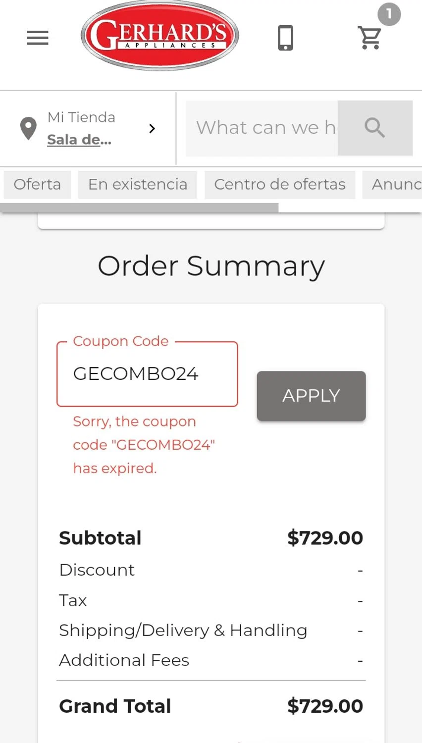 Gerhard's Appliance promo code screenshot showing code gecombo24 applied at Gerhard's Appliance checkout page. Uploaded by SimplyCodes community member WiseCaptain5299 on Jan 1, 2025