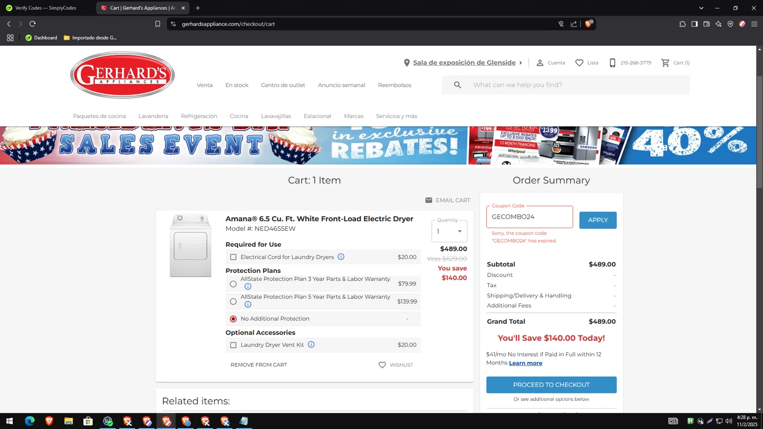 Gerhard's Appliance promo code screenshot showing code gecombo24 applied at Gerhard's Appliance checkout page. Uploaded by SimplyCodes community member CleverTracker4432 on Feb 11, 2025