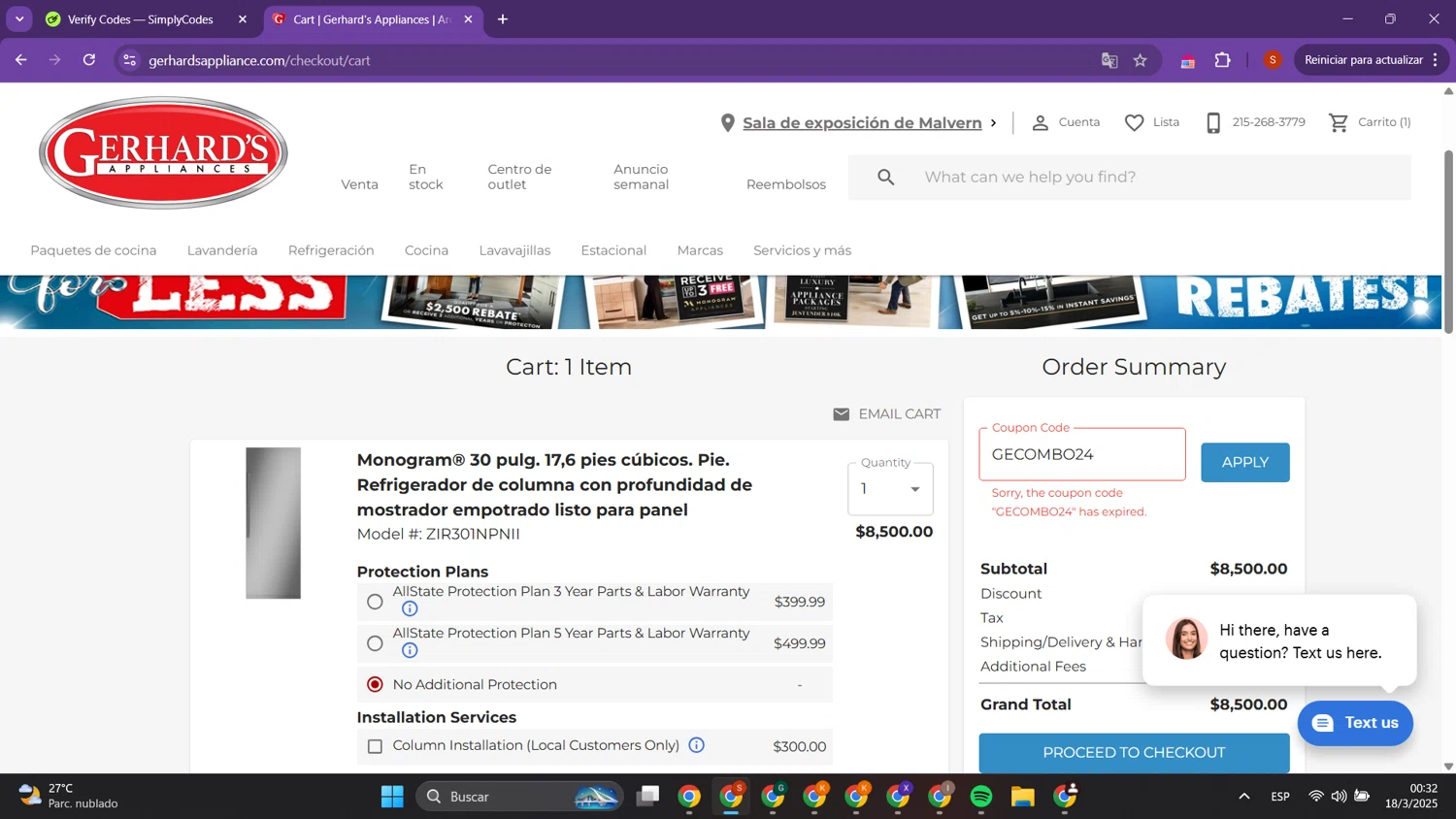 Gerhard's Appliance promo code screenshot showing code gecombo24 applied at Gerhard's Appliance checkout page. Uploaded by SimplyCodes community member PrimeTracker2179 on Mar 18, 2025
