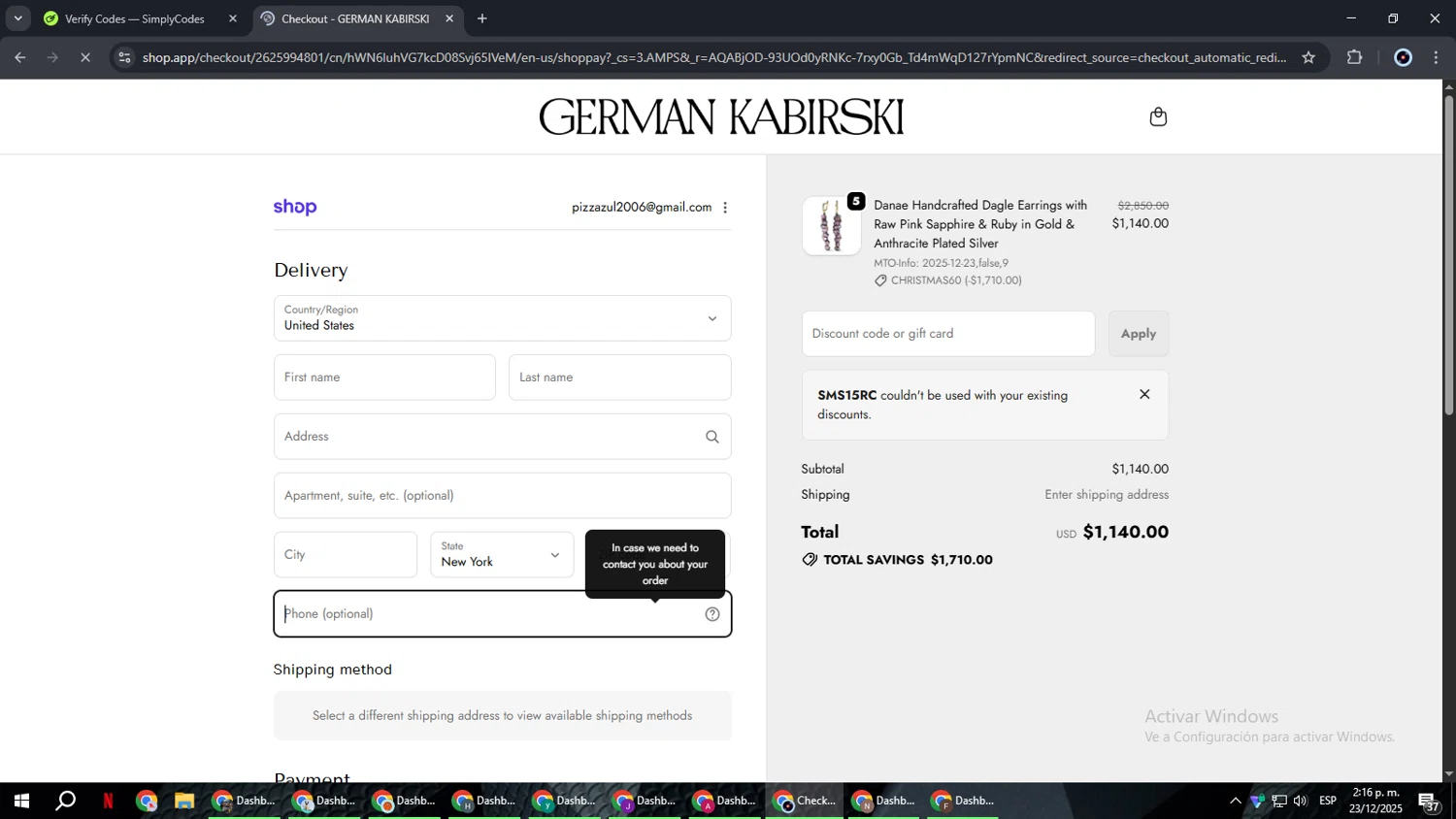 German Kabirski discount code screenshot showing code SMS15RC applied at German Kabirski checkout page. Uploaded by SimplyCodes community member RoyalBoss4384 on Dec 23, 2025