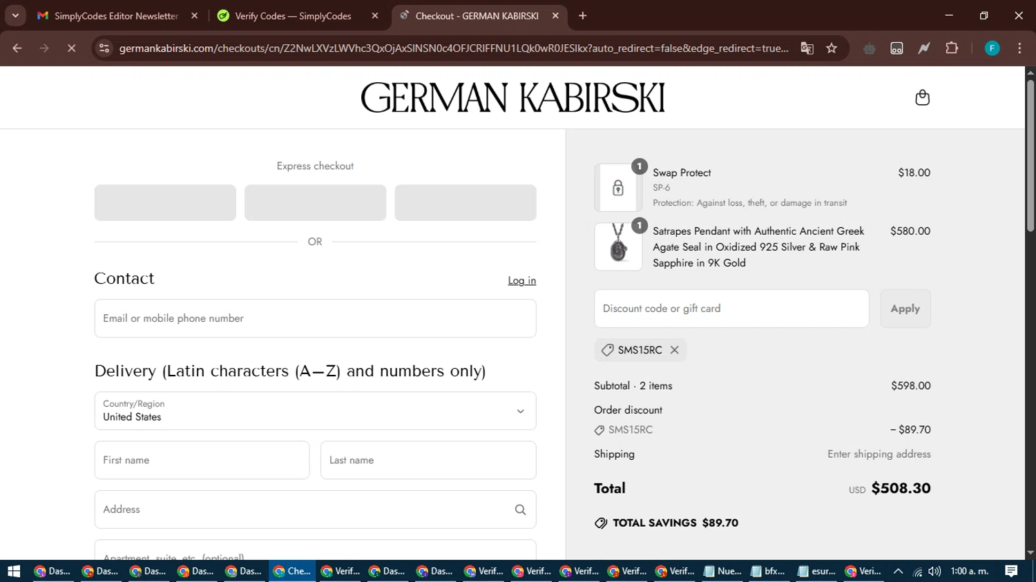 German Kabirski discount code screenshot showing code SMS15RC applied at German Kabirski checkout page. Uploaded by SimplyCodes community member ShrewdTitan3233 on Apr 26, 2025
