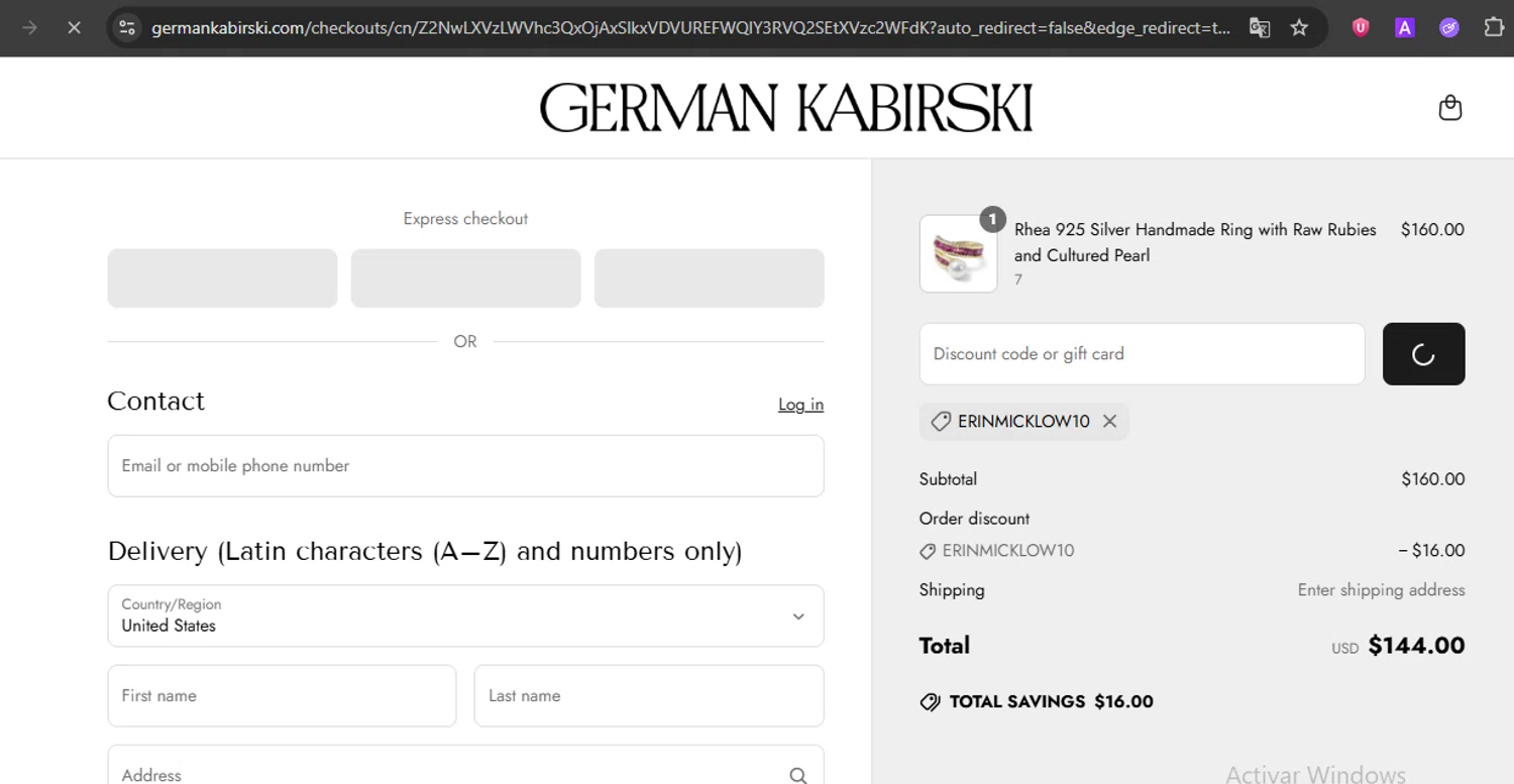 German Kabirski discount code screenshot showing code ERINMICKLOW10 applied at German Kabirski checkout page. Uploaded by SimplyCodes community member ExtraordinarySleuth3936 on Jun 18, 2025