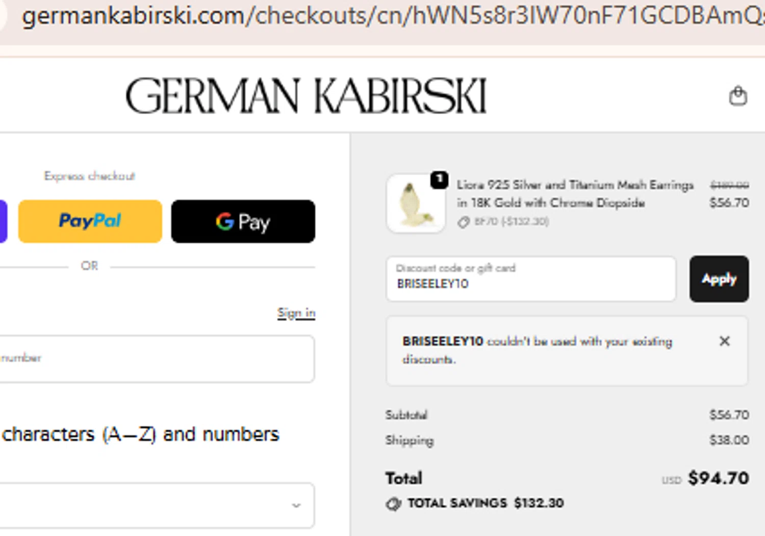 German Kabirski discount code screenshot showing code BRISEELEY10 applied at German Kabirski checkout page. Uploaded by SimplyCodes community member BudgetLion5814 on Nov 30, 2025