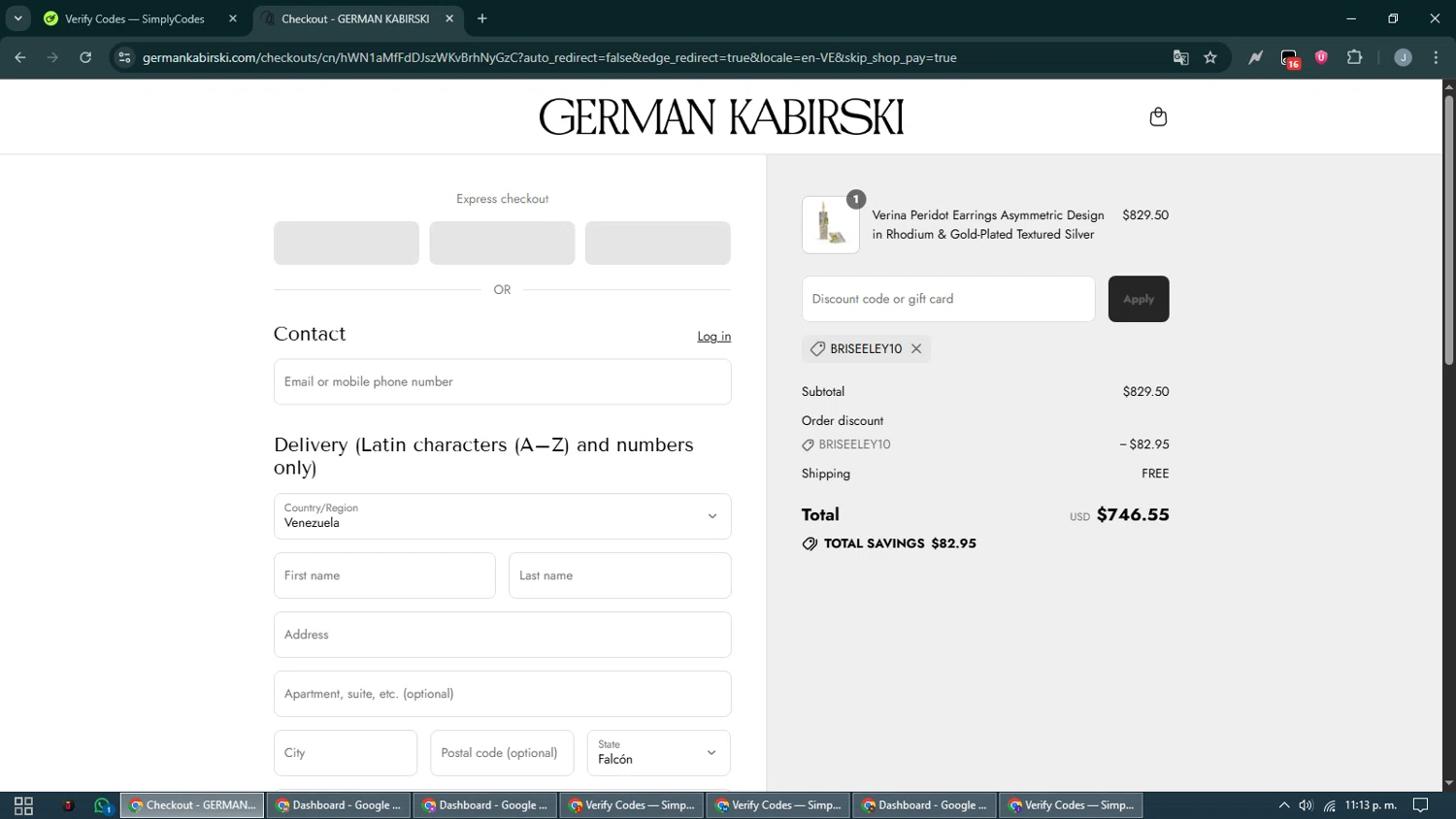 German Kabirski discount code screenshot showing code BRISEELEY10 applied at German Kabirski checkout page. Uploaded by SimplyCodes community member CashShopper1214 on Aug 9, 2025