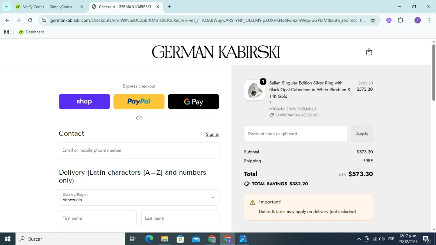 German Kabirski discount code screenshot showing code BRISEELEY10 applied at German Kabirski checkout page. Uploaded by SimplyCodes community member Esteban14 on Dec 28, 2025