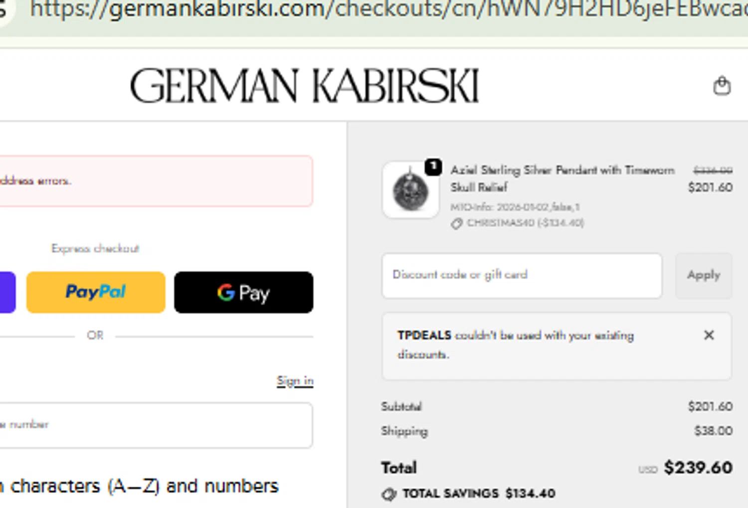 German Kabirski discount code screenshot showing code TPDEALS applied at German Kabirski checkout page. Uploaded by SimplyCodes community member RewardFinder4836 on Jan 2, 2026