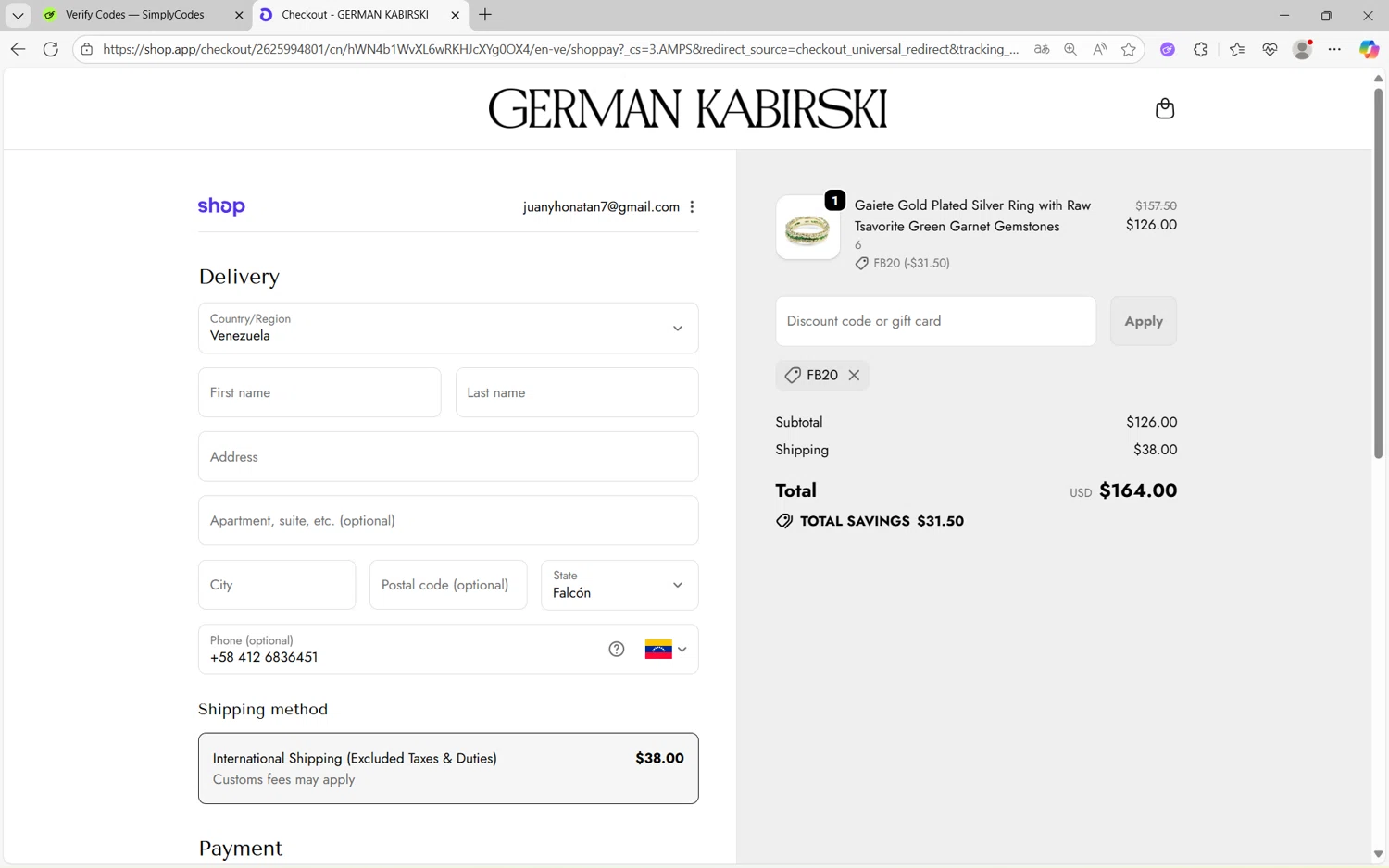 German Kabirski discount code screenshot showing code FB20 applied at German Kabirski checkout page. Uploaded by SimplyCodes community member juan1702 on Oct 27, 2025