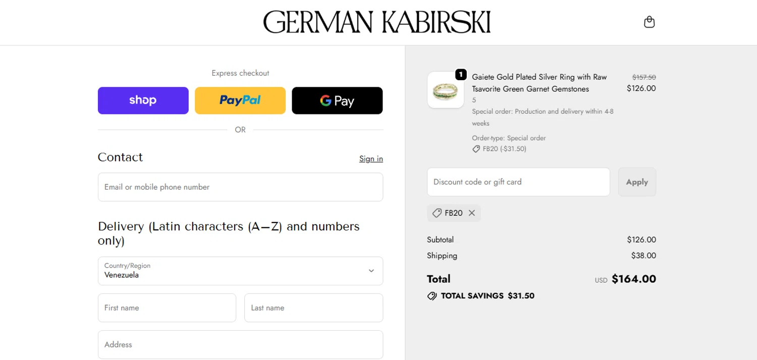 German Kabirski discount code screenshot showing code FB20 applied at German Kabirski checkout page. Uploaded by SimplyCodes community member MagnificentAdmiral9096 on Oct 24, 2025