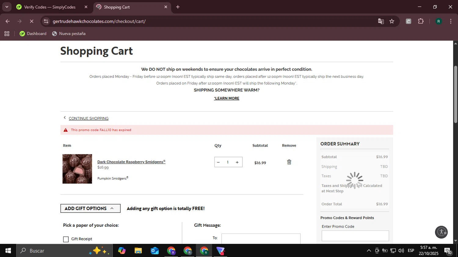 Gertrude Hawk Chocolates coupon code screenshot showing code FALL10 applied at Gertrude Hawk Chocolates checkout page. Uploaded by SimplyCodes community member Coneflavols on Oct 22, 2025