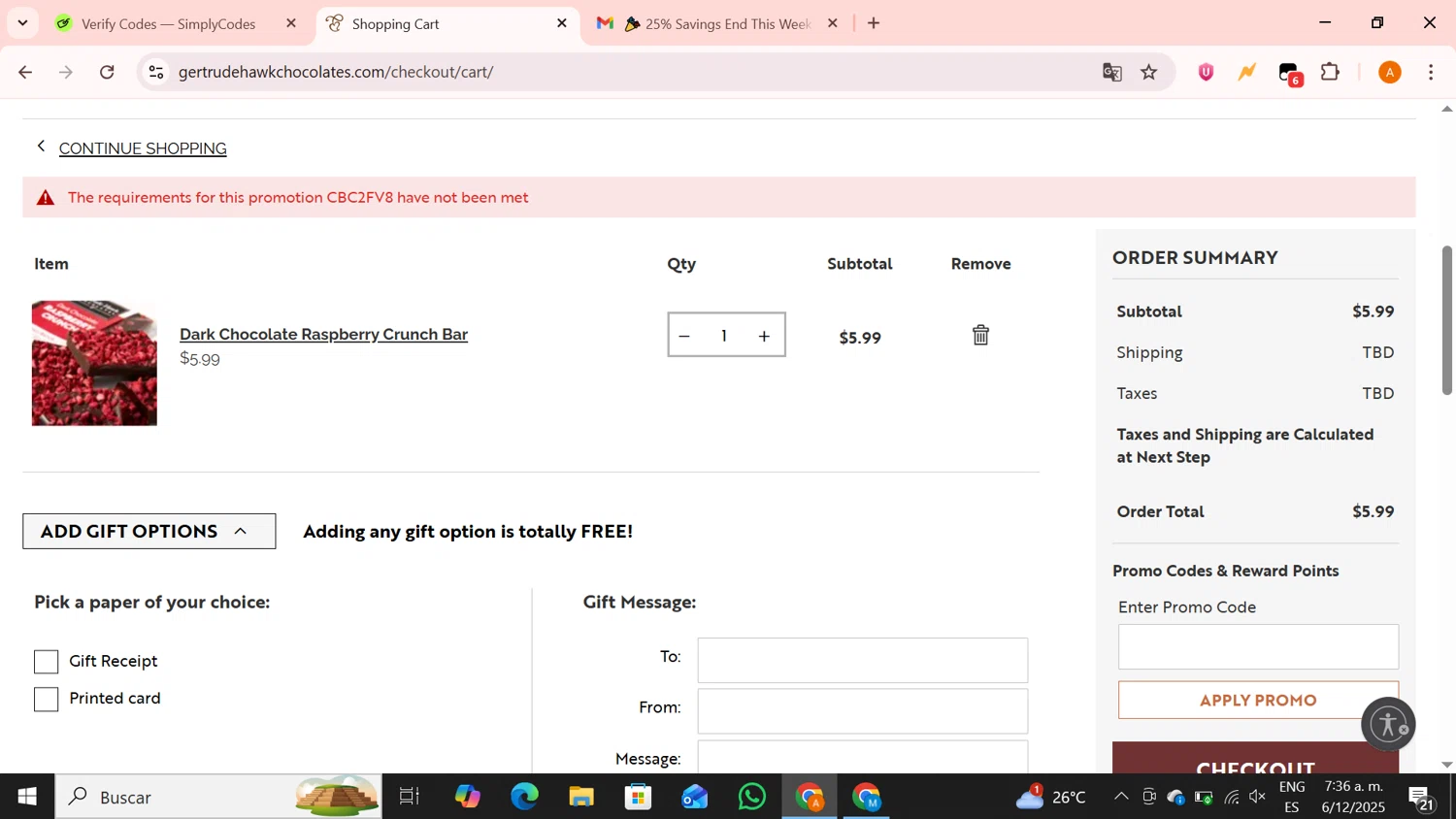 Gertrude Hawk Chocolates coupon code screenshot showing code CBC2FV8 applied at Gertrude Hawk Chocolates checkout page. Uploaded by SimplyCodes community member BrilliantPro4121 on Dec 6, 2025
