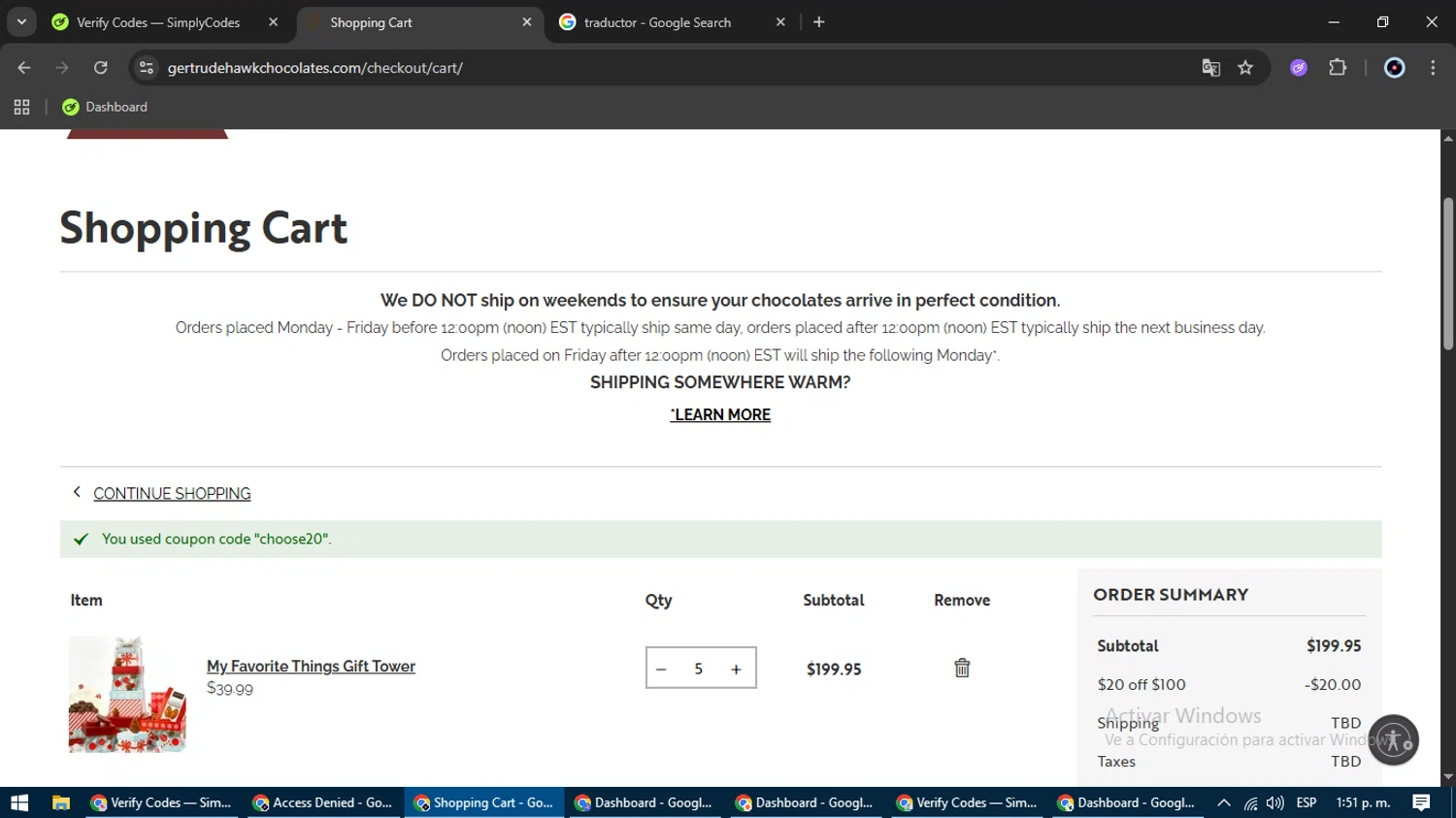 Gertrude Hawk Chocolates coupon code screenshot showing code choose20 applied at Gertrude Hawk Chocolates checkout page. Uploaded by SimplyCodes community member GoldSentinel6680 on Nov 17, 2025