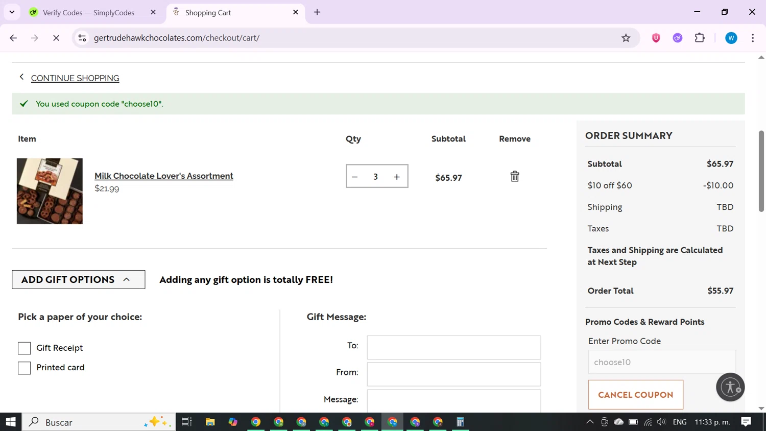 Gertrude Hawk Chocolates coupon code screenshot showing code choose10 applied at Gertrude Hawk Chocolates checkout page. Uploaded by SimplyCodes community member CrownShopper7142 on Nov 18, 2025