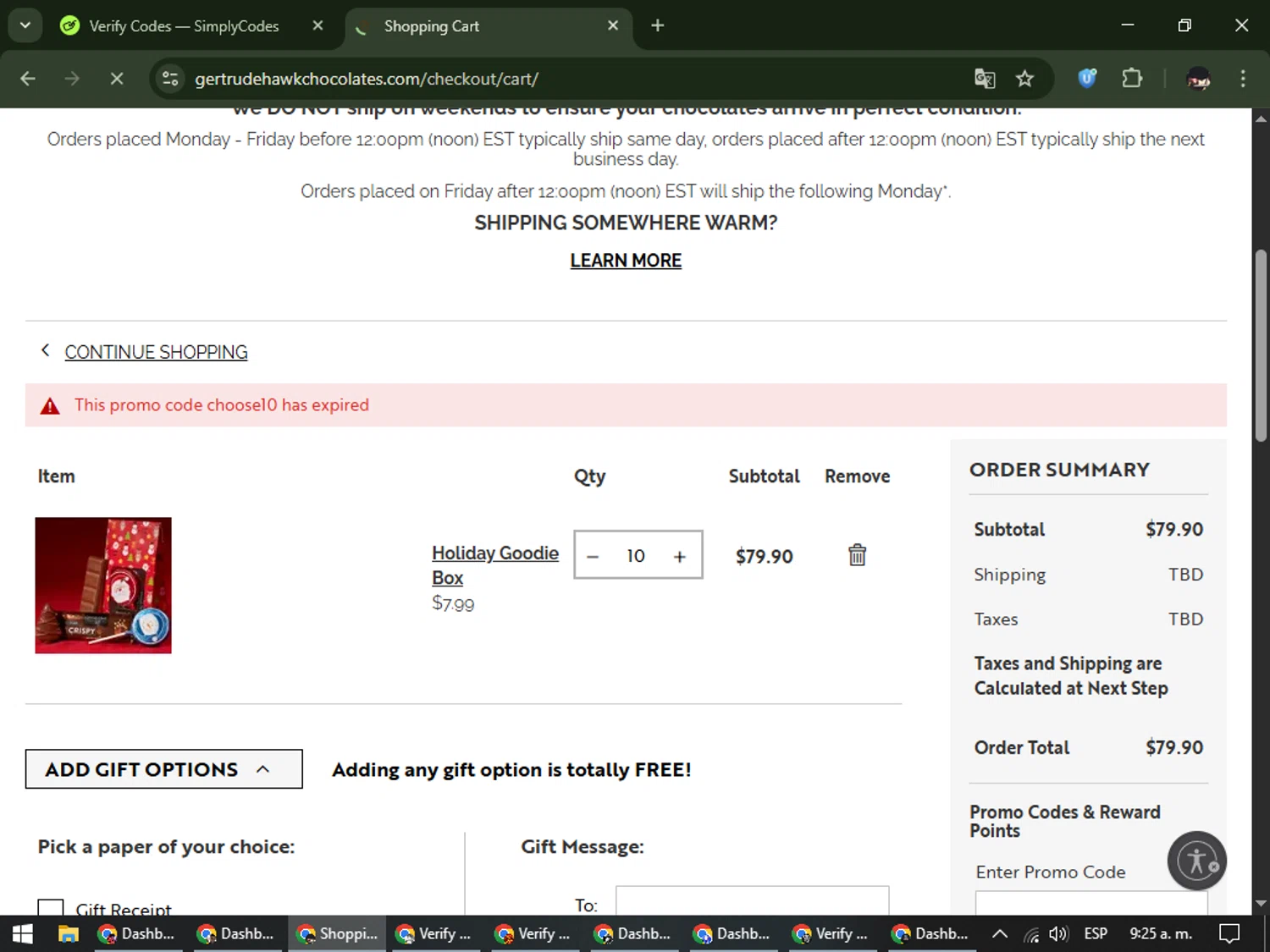 Gertrude Hawk Chocolates coupon code screenshot showing code choose10 applied at Gertrude Hawk Chocolates checkout page. Uploaded by SimplyCodes community member WonderCurator791 on Dec 17, 2025