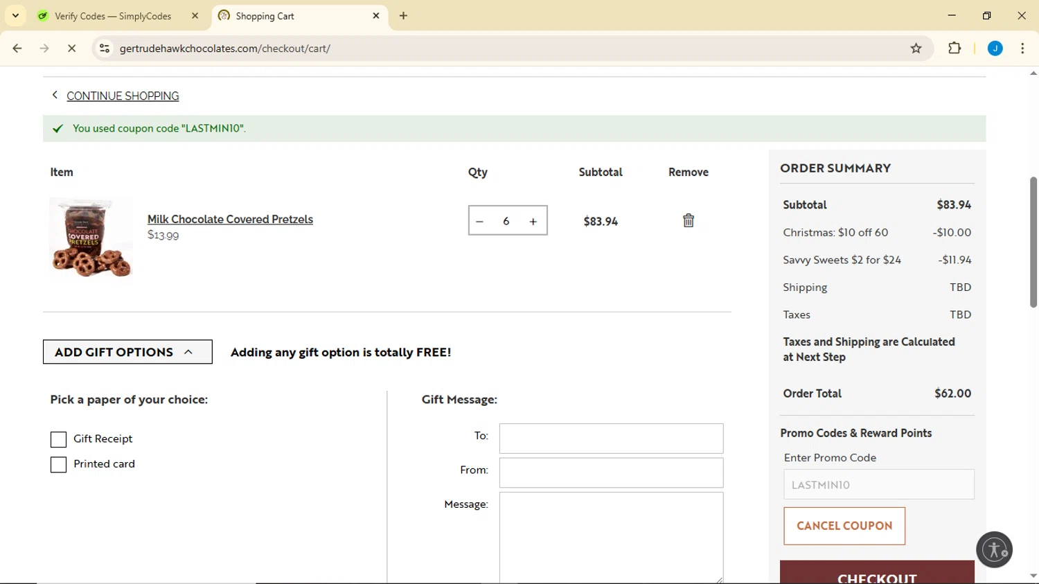 Gertrude Hawk Chocolates checkout page showing Gertrude Hawk Chocolates coupon code box | Screenshot taken by SimplyCodes community member on Dec 19, 2025
